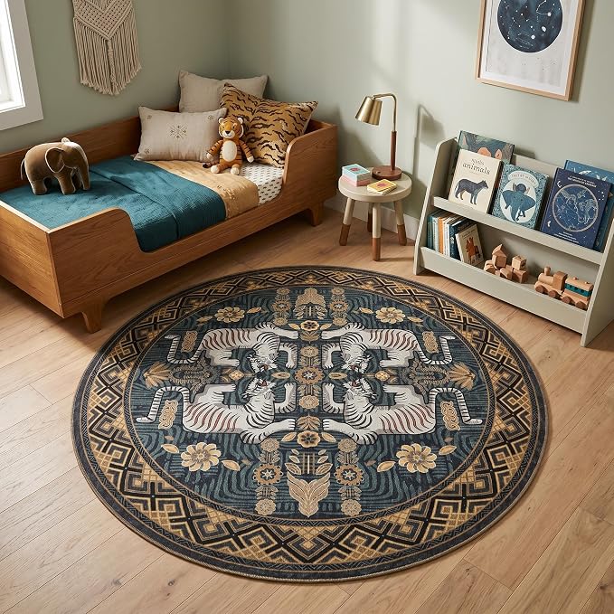 GarveeHome Tiger Round Area Rugs for Kids Room, 6ft Boho Blue Animal Print Circle Rugs Non Slip, Washable Vintage Tribal Floor Carpet for Dining Room Entryway Nursery Playroom Office