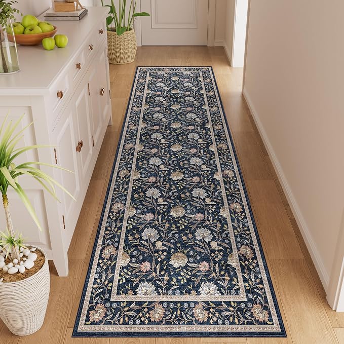 DUKINO 2x6 Runner Rug, Washable Vintage Floral Kitchen Rug, Navy Blue | Non Slip, Low Pile, Non-Shedding, Stain Resistant Soft Carpet Runner for Hallway Bathroom Entryway Bedroom Laundry Farmhouse