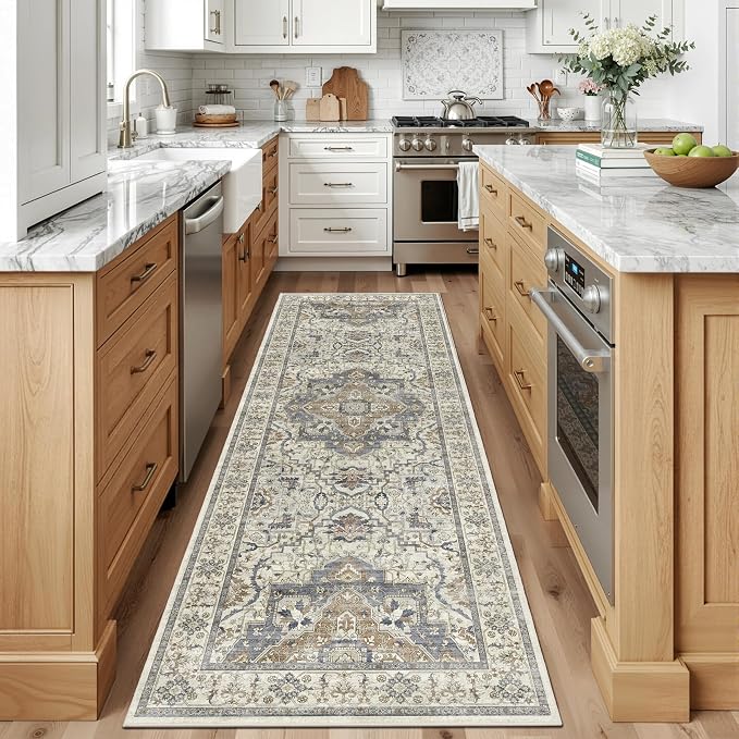 Washable Hallway Runner Rug - 3x8 Floor Carpet Rug Distressed Low Pile Mats Non Slip Soft Rugs for Dining Room with Rubber Backing Bedroom Runner with Vintage Design (Beige/Blue 3x8)