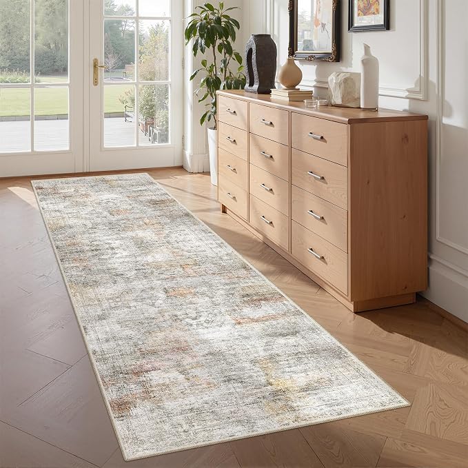 2x6 Runner Rug Non Slip,Washable Hallway Runner Rug,Green | Neutral Rugs for Kitchen,Entryway,Bedroom,Bathroom,Nursery Room,Thin,Soft Runner Rug,Stain Resistant Indoor Carpet
