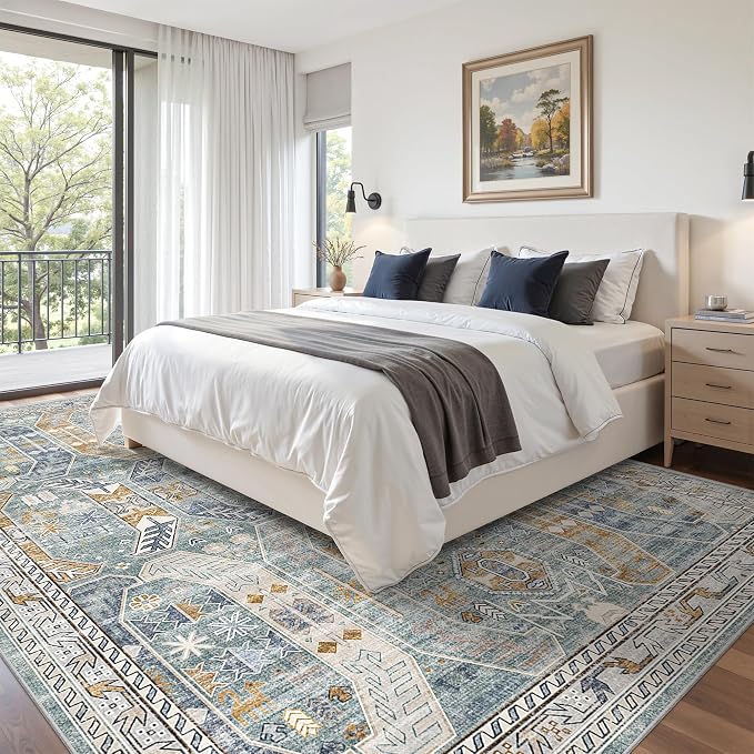 befbee 9x12 Area Rug,Ultra-Thin Washable Rugs for Living Room,Non-Slip Lightweight Foldable Area Rug,Stain Resistant Vintage Large Rugs (Blue/Gold,9'x12')