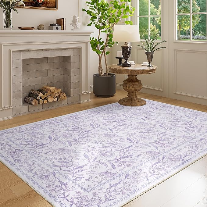 DUKINO 4x6 Area Rug, Washable Vintage Floral Rug for Living Room, Purple | Non Slip, Low Pile, Stain Resistant Boho Lightweight Soft Indoor Carpet for Bedroom Office Dining Room Entryway Farmhouse