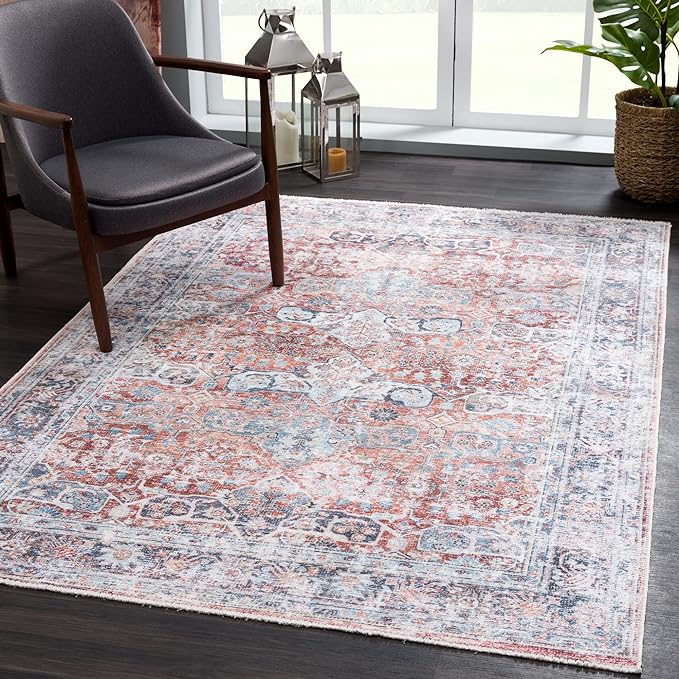 Bloom Rugs Caria Washable Non-Slip 6x9 Rug - Brick/Dark Blue Traditional Area Rug for Living Room, Bedroom, Dining Room, and Kitchen - Exact Size: 6' x 9'