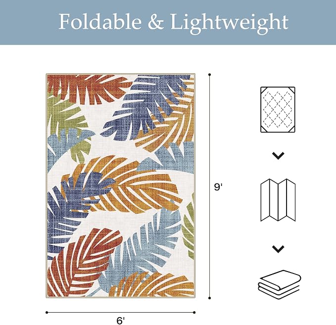 GENIMO 6x9 Outdoor Rug, Washable for Patio and Deck, Leaf Tropical Rust | Botanical leaf design for dining area; fade resistant chenille with quick-dry non-slip backing for indoor sunroom.