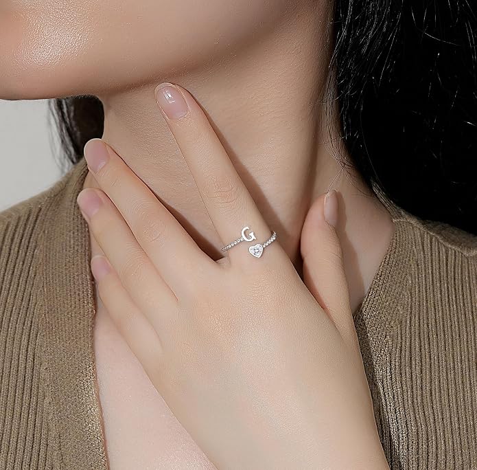 Step Forward 925 Sterling Silver Adjustable Initial Ring for Women | Non Tarnish Letter Rings for Lady | Alphabet Heart Thumb Rings | Capital Letter Jewelry Gifts
