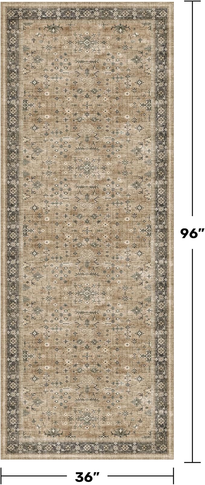 Earthy Tone Washable Long Runners for Hallways, 3x8 Taupe Kitchen Runner Rug, Bohemian Traditional Entryway Indoor Rug, Distressed Floral Geometric Design, Non-Slip Stain & Fade Resistant