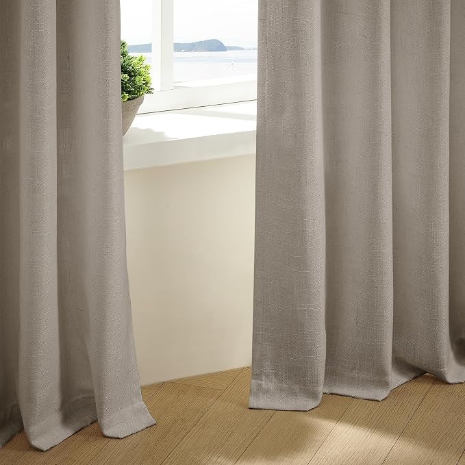 Burlywood Birch Pinch Pleated Linen Curtains 105 Inches Long for Living Room Bedroom 2 Panels Set Greyish Beige Flax Double Pleated Drapes Back Tab Farmhouse Ceiling Floor 105 Inch Window Curtains