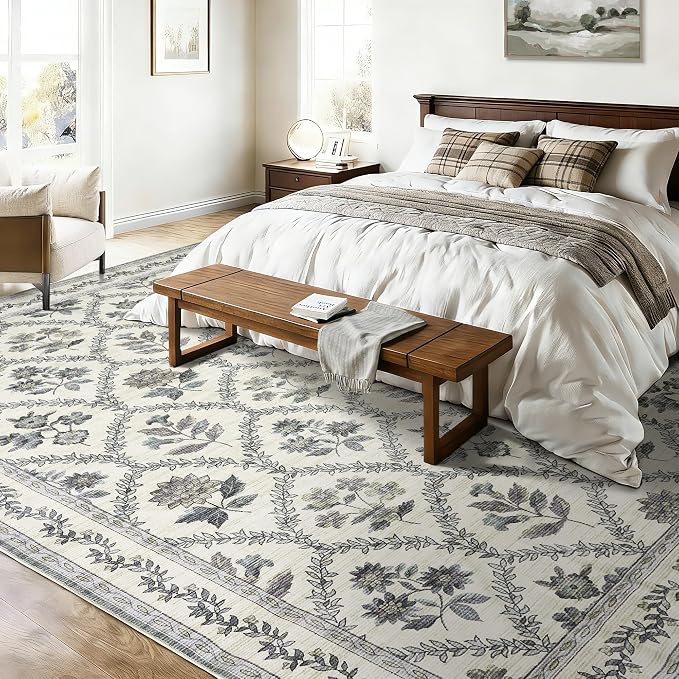 Blue Floral 8x10 Area Rugs for Living Room, Blue and Green Multi Bedroom Rug Boho Low-Pile Dining Room Washable 8x10, Vintage Soft Indoor Non-Slip Floor Carpet Office Rug Playroom