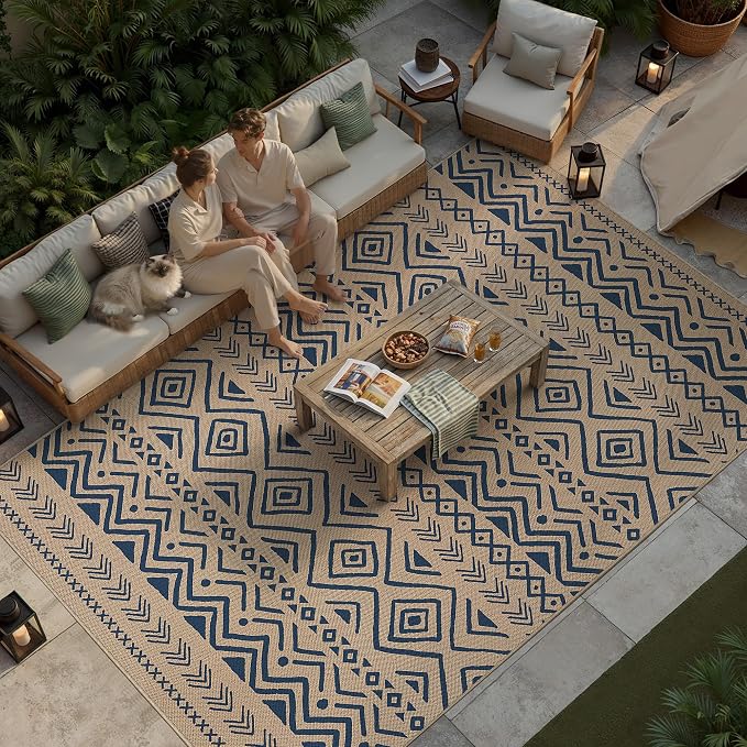 PureCozy 8x10 Easy Jute Outdoor Rug Blue Boho Indoor Outdoor Area Rug Farmhouse Patio Carpet for Backyard, Patio, Porch, Living Room，Easy-Cleaning, High Traffic, Pet-Friendly, Non-Shedding