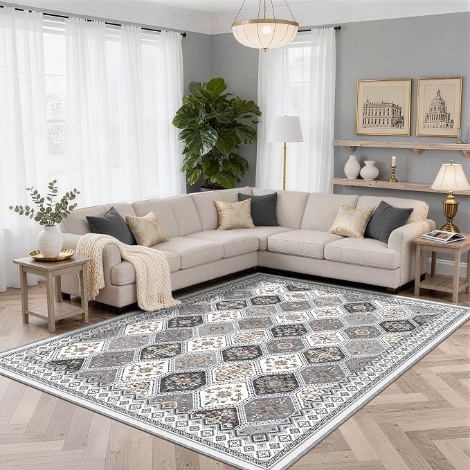 Washable Rugs 8x10, Soft Non-Slip Boho Moroccan Rug, Gray/Gold | Low-Pile Printed Area Rug Gray Rug for Living Room, Bedroom, Dining Room