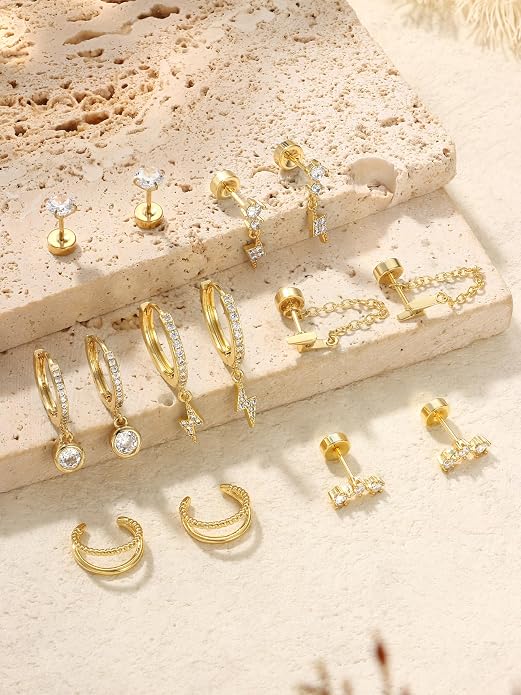 Dochais Flat Back Cartilage Earrings for Women Trendy Dainty CZ Flatback Studs Earing Sets 14k Gold Plated Hypoallergenic Huggie Hoops Earring Stacks for Multiple Piercing
