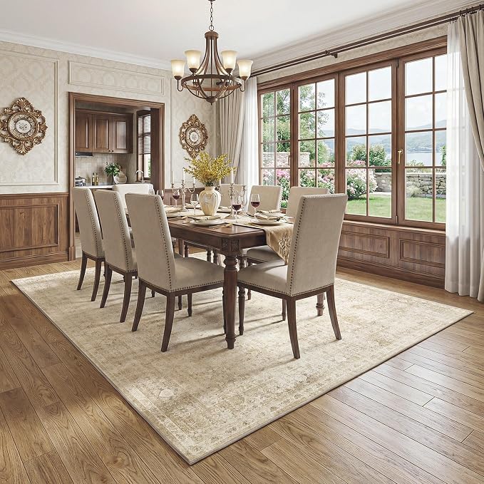 FMFUNCTEX 6x9 Washable Area Rug Beige Neutral Vintage Distressed Oriental Large Non Slip Carpet for Living Room Bedroom Traditional Retro Soft Low Pile Indoor Rugs for Dining Room Office Nursery