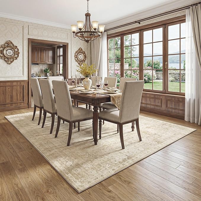 FMFUNCTEX 8x10 Washable Area Rug Beige Neutral Vintage Distressed Oriental Large Non Slip Carpet for Living Room Bedroom Traditional Retro Soft Low Pile Indoor Rugs for Dining Room Office Nursery