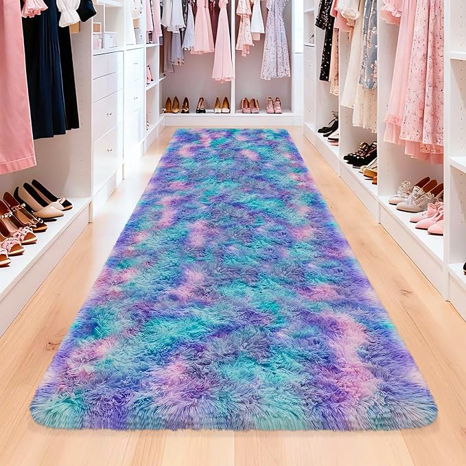 Purple Rainbow Rug for Girls Bedroom Bedside Runner 3x10 Ft, Soft Fluffy Rugs for Kids Room Shag Carpet for Living Room Playroom Nursery Dorm Stitch Bedroom Decor Colorful Kawaii