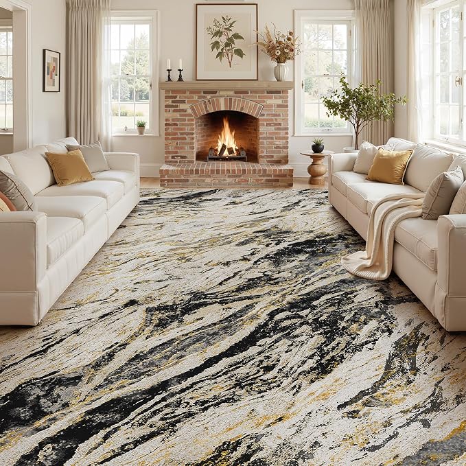 Area Rugs for Living Room: 7X9 Abstract Washable Rug Modern Neutral Large Soft Stain Resistant Non-Slip for Bedroom Dining Room Indoor Home Office Carpet - Black Gold