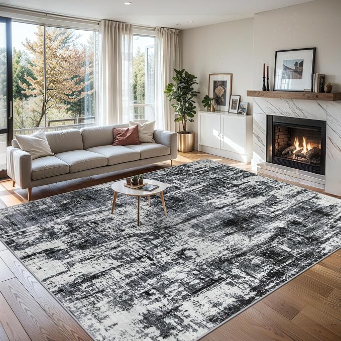 8x10 Area Rugs for Living Room - Washable Rug Modern Abstract Soft Large Neutral Non-Slip Carpet Indoor Floor Thin Carpets for Bedroom Dining Room Farmhouse Nursery Home Office Black