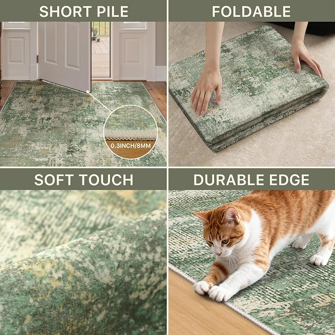 GENIMO 6x9 Area Rugs for Living Room, Machine Washable Rug Non Slip, Low Pile Ultra-Thin Lightweight Large Carpet, Abstract Modern Rugs for Bedroom, Dining Room, Office, Nursery, Olive Green