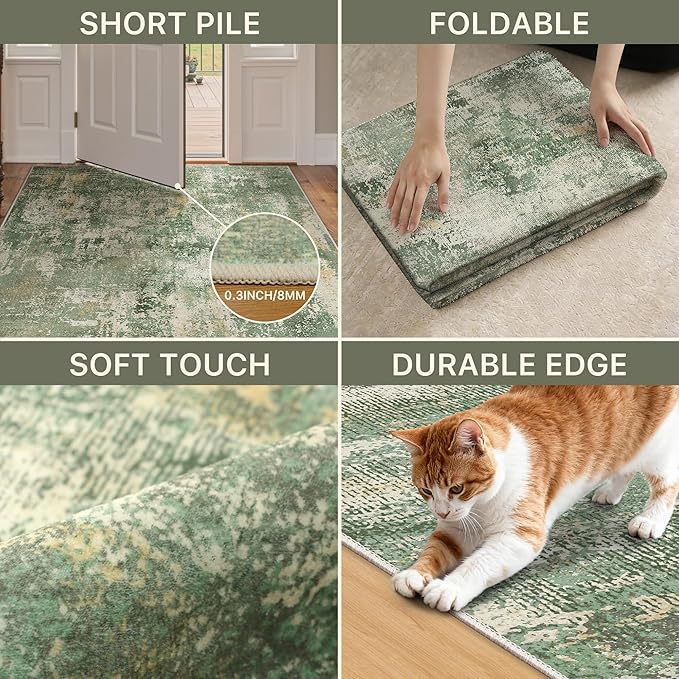 GENIMO 5x7 Area Rugs for Living Room, Machine Washable Rug Non Slip, Low Pile Ultra-Thin Lightweight Large Carpet, Abstract Modern Rugs for Bedroom, Dining Room, Office, Nursery, Olive Green