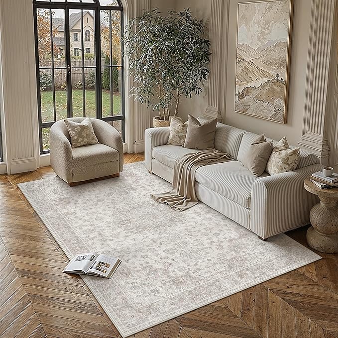 PureCozy 5x7 Area Rug Washable Neutral Beige Vintage Floral | Non Slip, Soft Low Pile, Carpet for Bedroom, Living Room, Nursery, Farmhouse Decor
