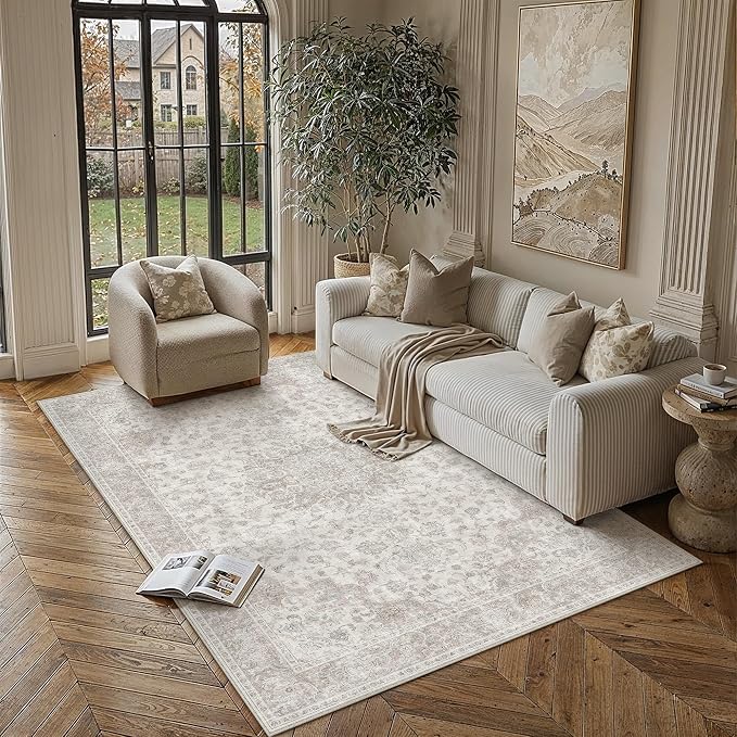 PureCozy 5x8 Area Rug Washable Neutral Beige Vintage Floral | Non Slip, Soft Low Pile, Indoor Carpet for Living Room, Bedroom, Dining Room, Farmhouse Decor