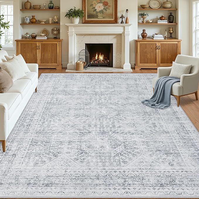 10x12 Area Rug for Living Room: Vintage Boho Neutral Washable Rug Indoor Soft Large Area Rug Carpet for Bedroom Nursery Farmhouse Dining Room Office Floor Non-Slip Low Pile Under Table Rug Gray