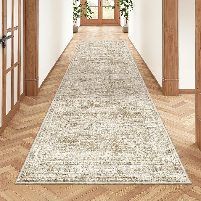 2'6 x 8' Runner Rug Non Slip,Washable Kitchen Rugs,Brown | Neutral Rugs for Kitchen,Entryway,Bedroom,Bathroom,Nursery Room,Thin,Soft Runner Rug,Stain Resistant Indoor Carpet