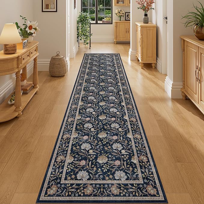 DUKINO 2x8 Runner Rug, Washable Vintage Floral Kitchen Rugs, Navy Blue | Non Slip, Low Pile, Stain Resistant Aesthetic Soft Carpet Runner for Hallway Bathroom Entryway Bedroom Farmhouse Laundry Room