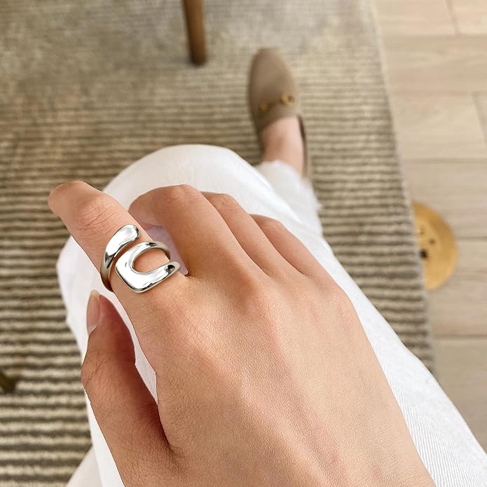 Gelbesty Waterproof Gold Statement Rings for Women, 14K Gold Plated Chunky Open Stackable Rings Non Tarnish Fashion Adjustable Stainless Steel Pinky Knuckle Signet Vintage Ring Jewelry Size 5-11