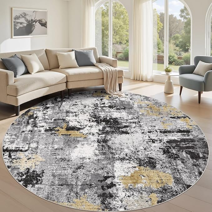Abstract 8FT Round Rug: Machine Washable Non Slip Ultra Thin Low-Pile Carpet, Soft Stain Resistant for Living Dining Room Bedroom, Kid Pet Friendly, Robot Vacuum Compatible - Black Gold