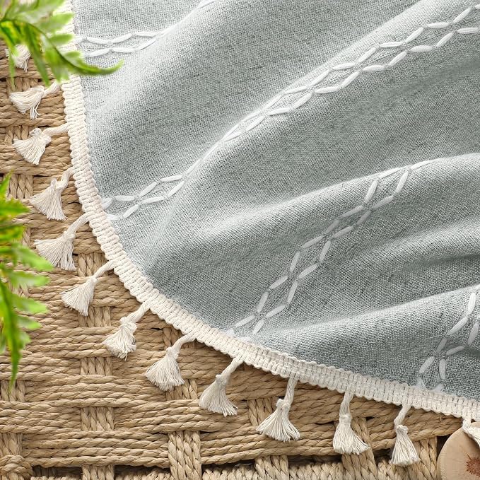 Teal Boho Blackout Curtains 72 Inches Long Light Green Linen Blend 2 Panels with Tassels and Cotton Embroidery, Farmhouse Vintage Rustic Rod Pocket Drapes for Living Room or Bedroom