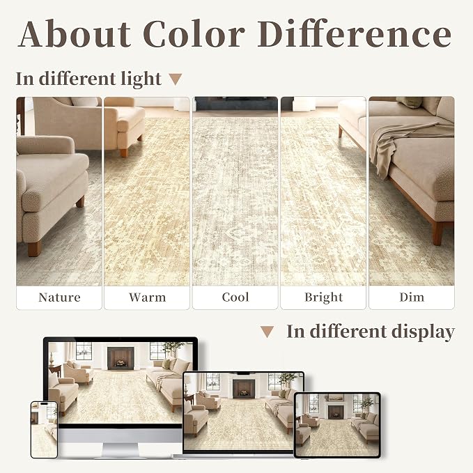 Beige 5x7 Area Rugs, Neutral Vintage Boho Carpet for Bedroom | for Living Room and Dining Room, Washable Low Pile Nursery Area Rug with Non-Slip Silicone Backing, Non-Shedding, Thin