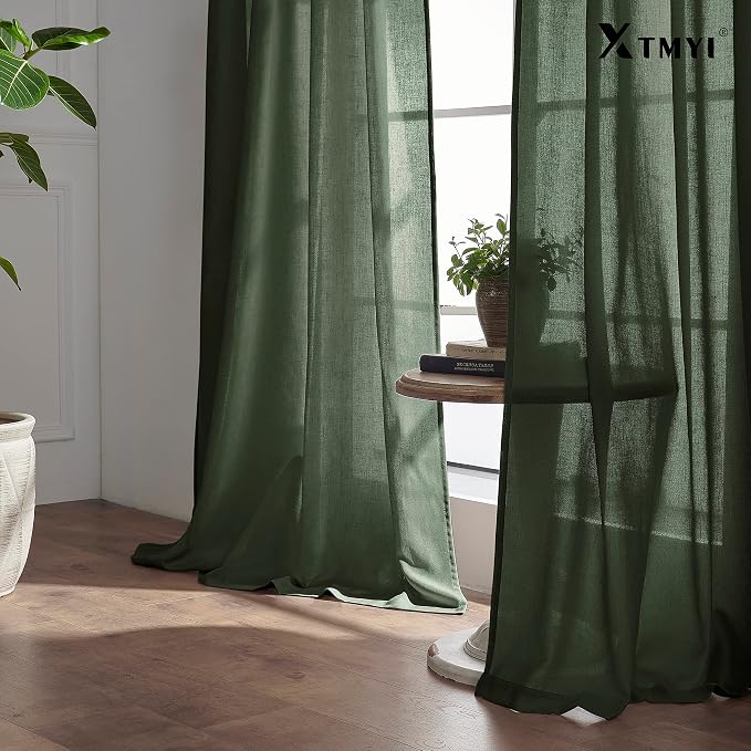 XTMYI 96 Inches Long Curtains Drapes for Sliding Glass Patio Door,Textured Cotton Boho Linen Sheer Window Curtain Panels,Set of 2,Moss Olive Green