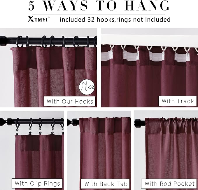 XTMYI Maroon Wine Red Curtains 96 Inches Long for Living Room 2 Panels Set, Linen Hooks Track Country Farmhouse Curtains for Dining Room Bedroom