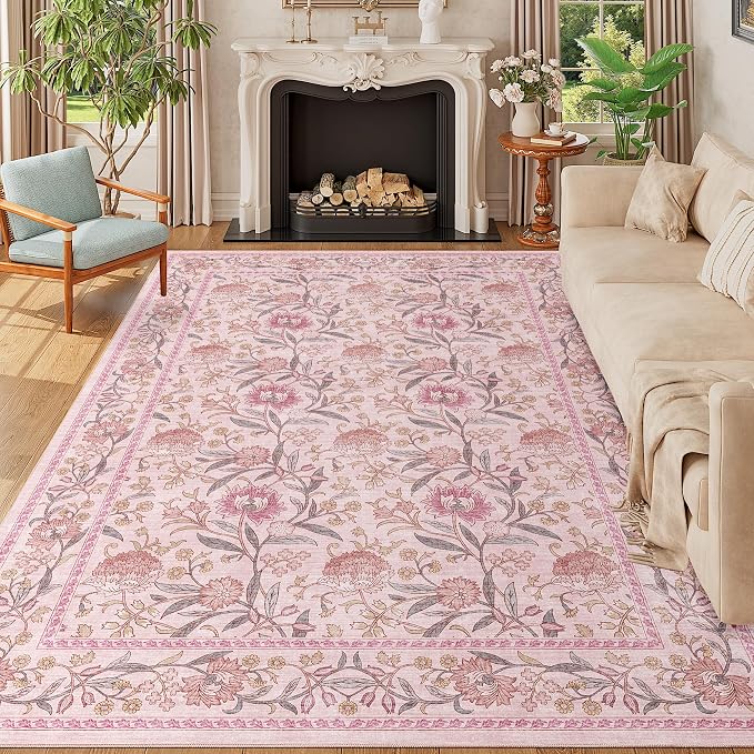 DUKINO 6x9 Area Rug, Vintage Floral Washable Rugs for Living Room, Pink | Non Slip, Low Pile, Non-Shedding, Stain Resistant Soft Large Carpet for Bedroom Home Office Dining Room Farmhouse, Home Decor