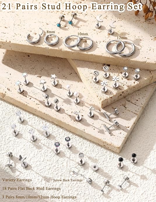 LOLIAS 21Pairs Surgical Steel Flat Back Earrings Hypoallergenic 20G Screw Back Nap Stack Cartilage Earring Stacks