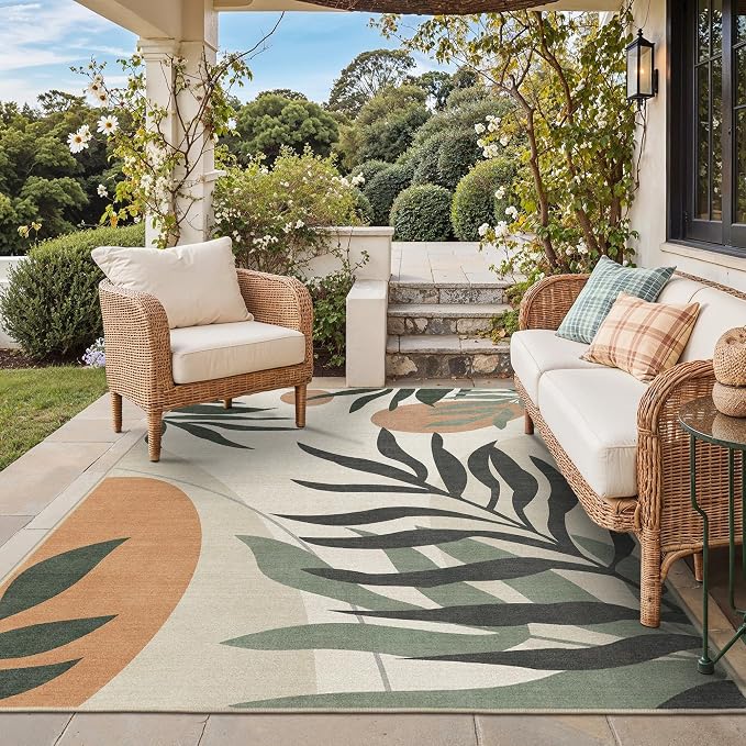 GENIMO 6x9 Outdoor Rug, Washable for Patio and Deck, Beige Olive | Botanical leaf design for dining area; fade resistant chenille with quick-dry non-slip backing for indoor sunroom.