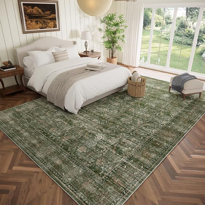 Boho Washable 10x14 Area Rugs for Living Room, Cushioned, Grass Green | Vintage Non-slip Neutral Oriental Rugs for Bedroom Dining Room Nursery Office High Traffic Area