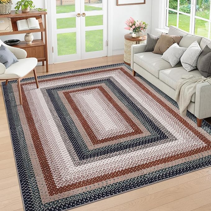 RUGSREAL Braided Washable Area Rug 8x10 Large Rug for Living Room Modern Braid Bedroom Rug Non Slip Stain Resistant Dining Room Throw Carpet Soft Farmhouse Accent Carpet for Home Decor, Olive/Brown