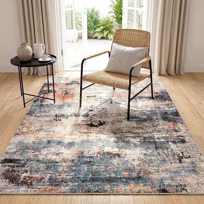 Washable Area Rugs for Living Room, Water Resistant Abstract Carpet for High Traffic Pet Homes with 0.3 Inch Low Pile Cotton-Backed Non-Slip Silicone Grip, Terracotta Blue, 3'x5'
