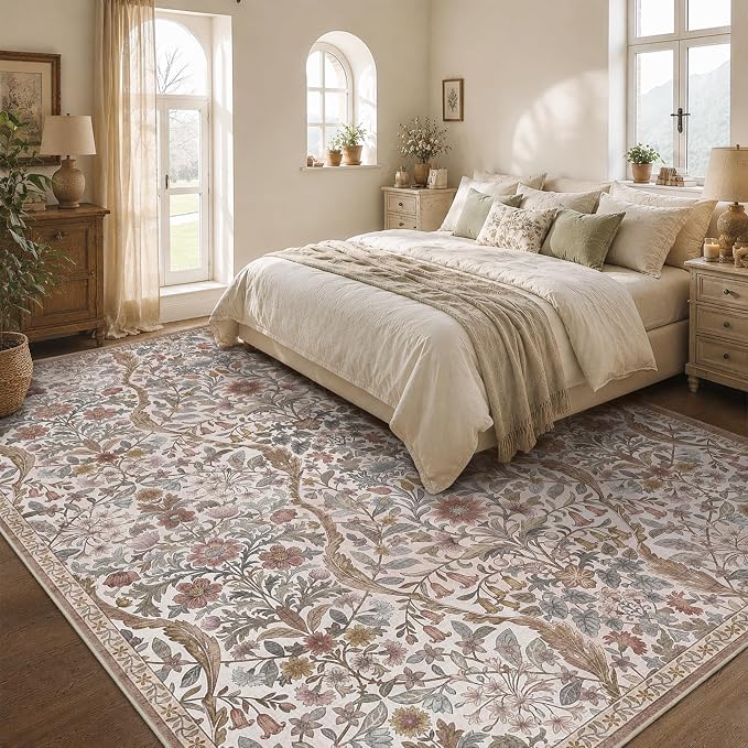 8x10 Washable Area Rug for Living Room, Large Vintage Khaki Beige Floral Rugs, Soft Non-Slip Stain Resistant Boho Lightweight Carpet for Bedroom Dining Room Nursery Home Office
