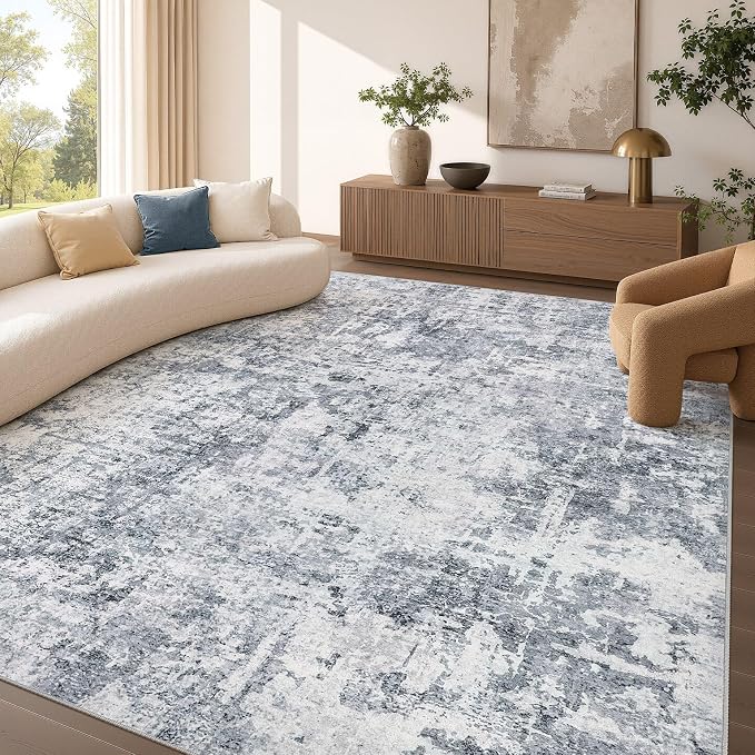 cotiled Washable Area Rug 10x12, Non-Slip Soft Neutral Rug for Living Room | Modern Abstract Carpet, Stain Resistant and Kid & Pet Friendly, Ideal For Bedroom, Dining Room, Nursery, Office - Blue/Gery