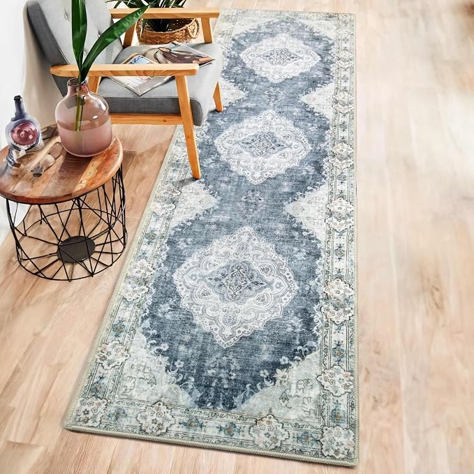 MUJOO Washable Runner Rug 2x8 Area Rugs Non Slip Low-Pile Flowers | Long Throw Carpet for Hallways Entryway Kitchen Bathroom Bedside Bedroom Laundry Boho Soft Indoor Floral Blue and Grey