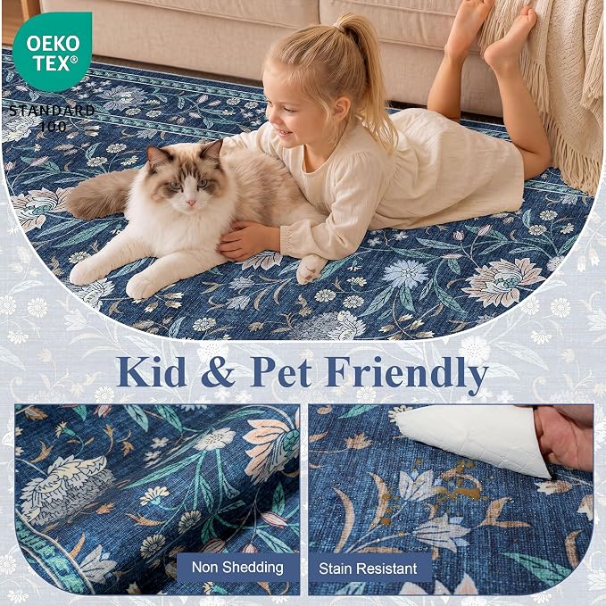 DUKINO 6x9 Area Rug, Vintage Floral Washable Rugs for Living Room Dark Blue | Non Slip, Low Pile, Non-Shedding, Stain Resistant Soft Large Carpet for Bedroom Home Office Dining Room Farmhouse, Home Decor
