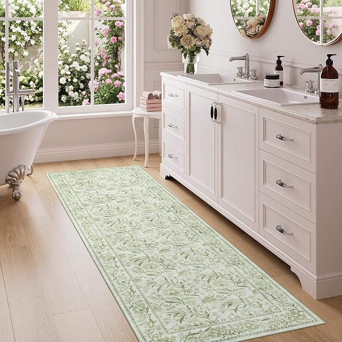 DUKINO 2x6 Runner Rug, Washable Vintage Floral Kitchen Rug, Sage Green | Non Slip, Low Pile, Non-Shedding, Stain Resistant Soft Carpet Runner for Hallway Bathroom Entryway Bedroom Laundry Farmhouse