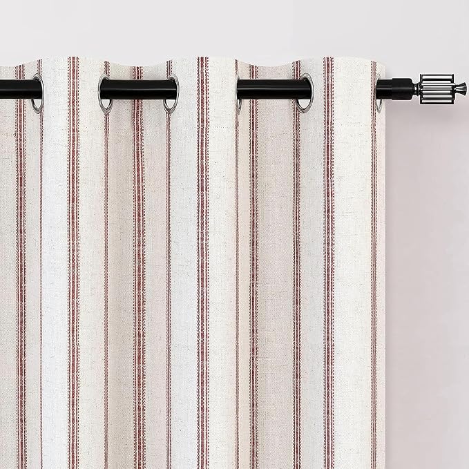 DriftAway Farmhouse Linen Stripe Blackout Curtains, W52xL63, Red | Blackout, Linen Texture, Stripe Pattern, Rod Pocket & Back Tab, Two Layers, Bedroom Living Room Use, Sound Reducing Design