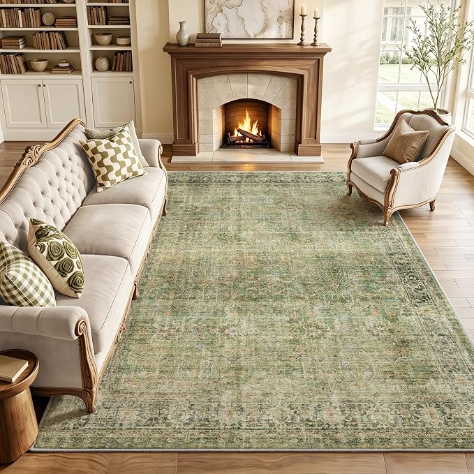 Beauoop 8x10 Washable Green Vintage Retro Large Area Rug for Living Room | Distressed Oriental Traditional Faded Non Slip Low Pile Thin Soft Indoor Throw Rug Pattern Bedroom Dining Room Office Nursery