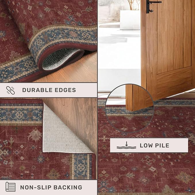 Washable 3x8 Entry Way Rugs Indoor - Burgundy Large Kitchen Rug, Non Slip Unique Bohemian Red Low Pile Thin Carpet for Bedroom Bedside, Foyer