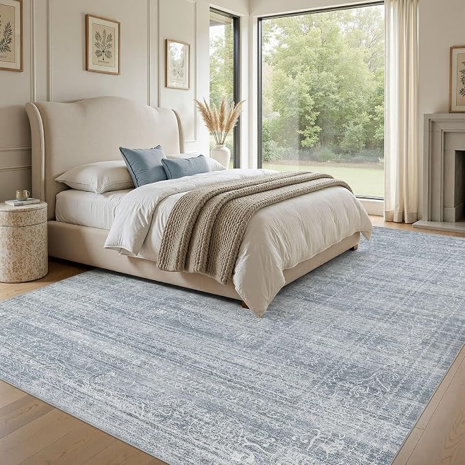 Nakagishi 7x9 Area Rugs Living Room: Washable Large Vintage Rug Neutral Non-Slip Soft Stain Resistant Indoor Carpet for Bedroom Nursery Dining Room Office Playroom - Blue
