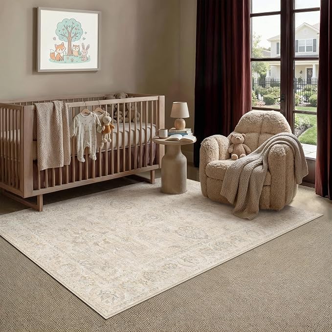 4x6 Cream Washable Area Rug for Living Room Bedroom Neutral Floral Soft Non Slip Rug Low Pile Distressed Carpet for Dining Room Nursery Office Indoor