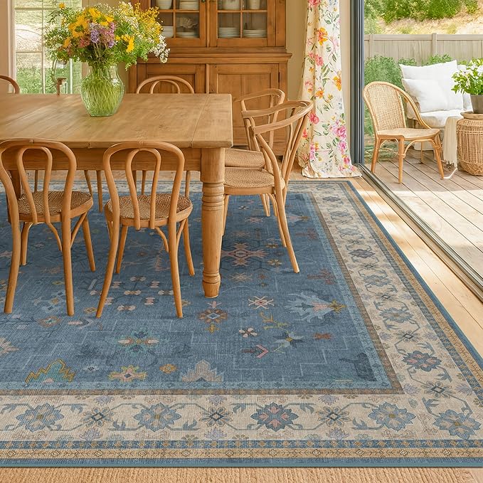 Boho 7x9 Living Room Rugs - Modern Dark Blue Dining Room Rug for Under Table, Lightweight Washable Foldable Low Pile Carpet, Eclectic Floral Bedroom Décor Aesthetic